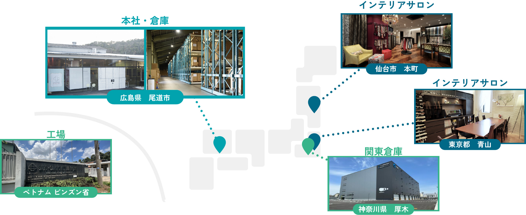 4FULの本社、倉庫、インテリアサロン、工場の場所